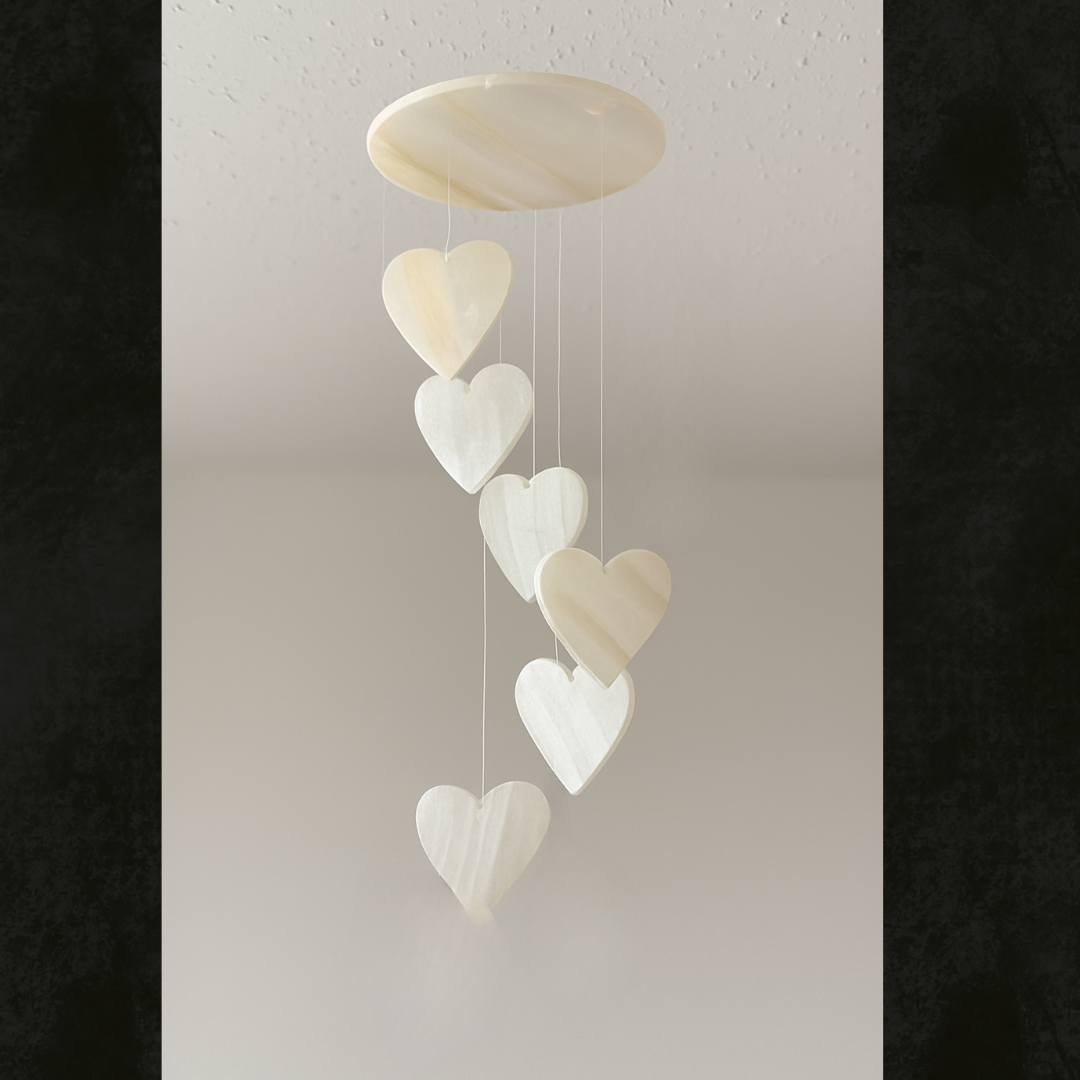 Hand-Carved Onyx Heart Wind Chime – 17” Hanging Mobile