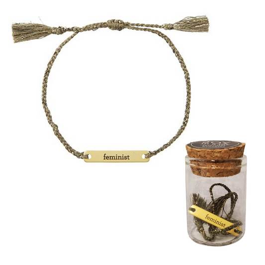 Feminist Stamped Brass Bar Woven Thread Bracelet | In a Giftable Glass
