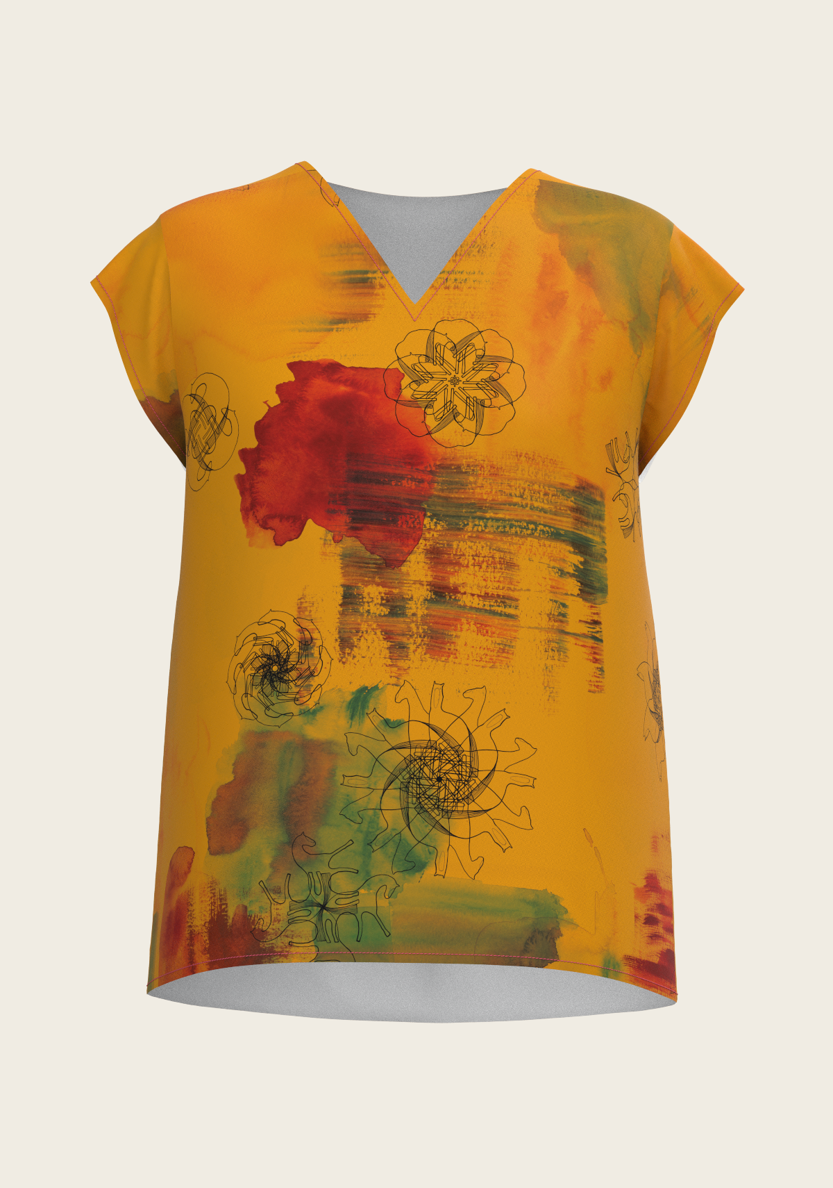 Horse Flower Fair in Ochre Loose Fitting V Neck Shirt