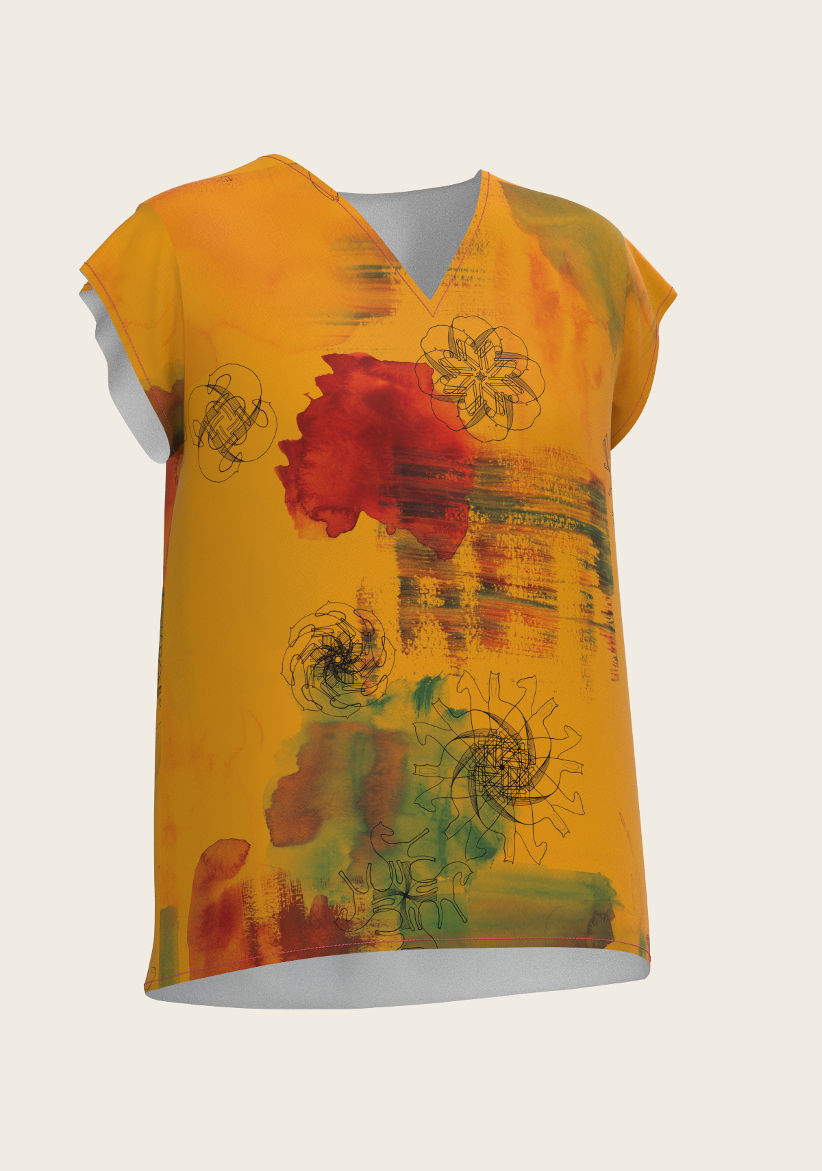 Horse Flower Fair in Ochre Loose Fitting V Neck Shirt