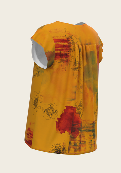 Horse Flower Fair in Ochre Loose Fitting V Neck Shirt