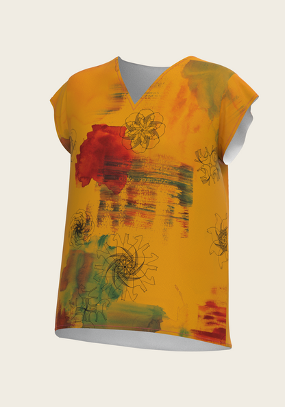 Horse Flower Fair in Ochre Loose Fitting V Neck Shirt