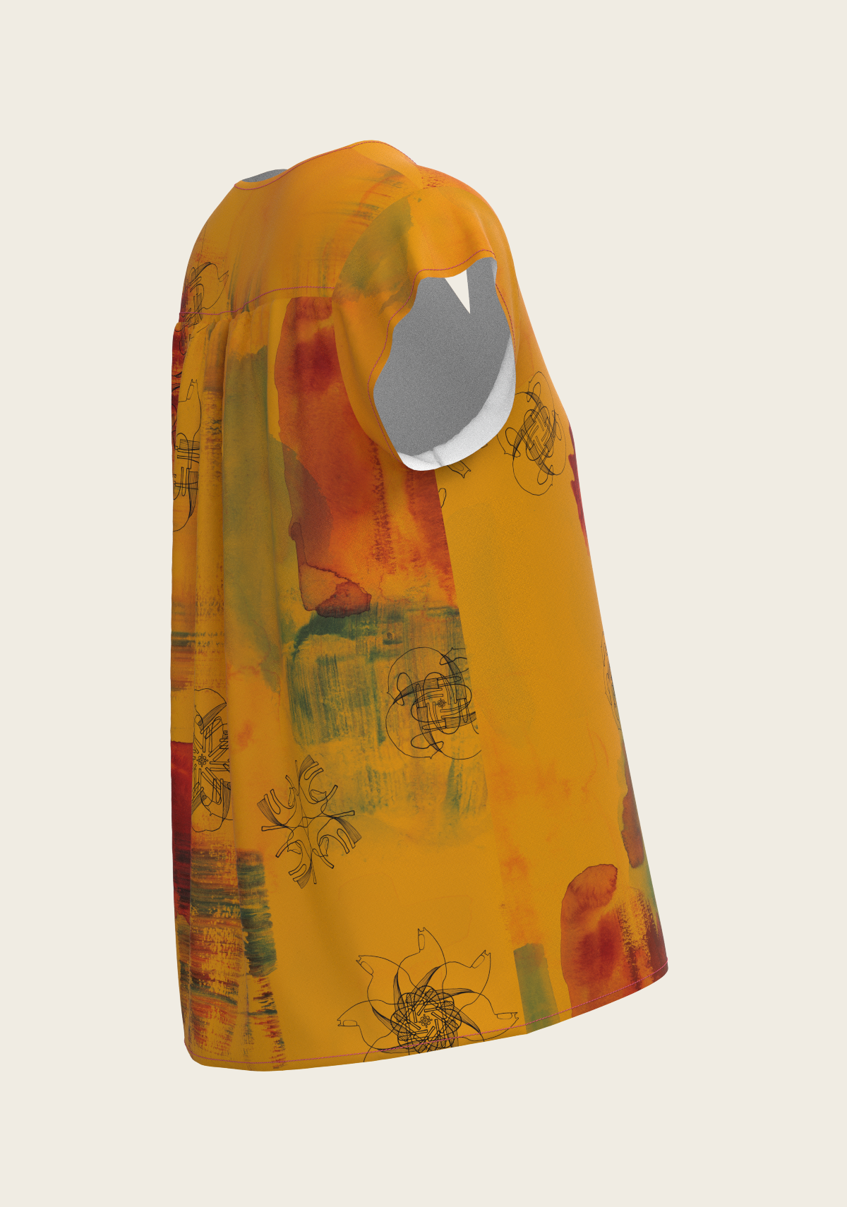 Horse Flower Fair in Ochre Loose Fitting V Neck Shirt