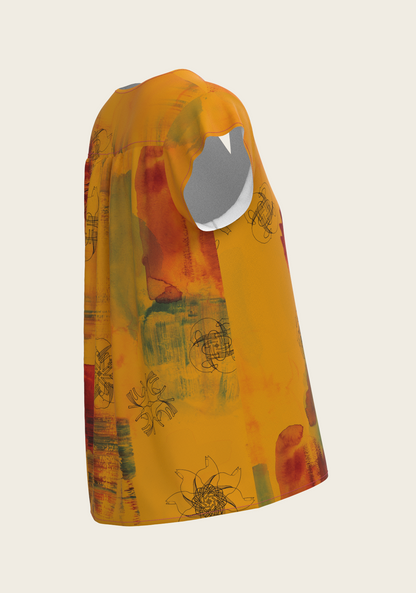 Horse Flower Fair in Ochre Loose Fitting V Neck Shirt