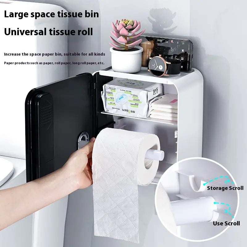 Tissue roll being taken from a large space tissue bin with storage and use indicators.