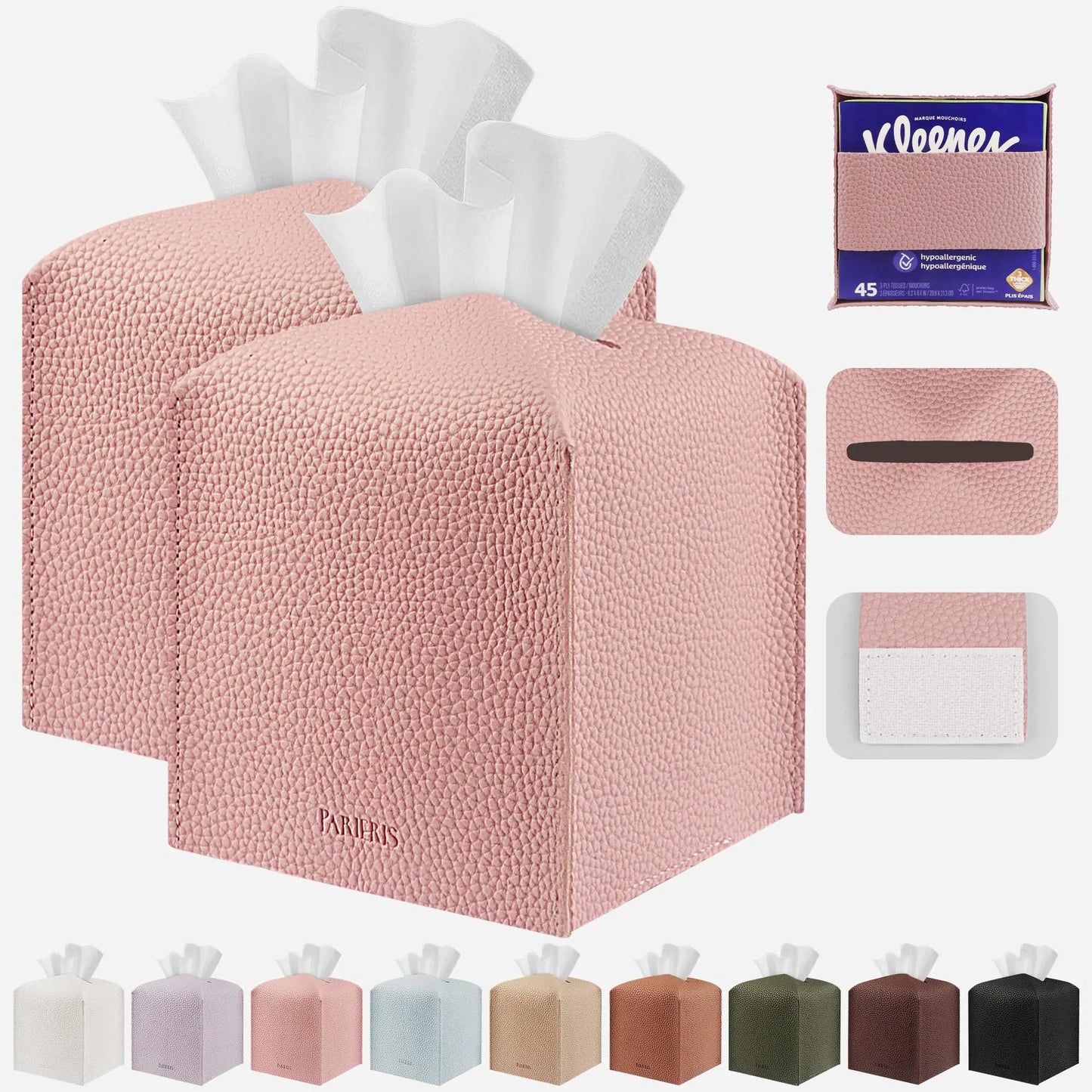 PARIERIS Tissue Box Cover Holder Square Tissue Cube Cover PU Leather Tissue Organizer with Bottom Belt for Bathroom Tabletop Car Night Stands Office Home Kitchen (2 Pink)