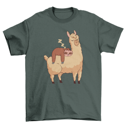 Sleeping Sloth Riding Llama Illustration T-shirt | Binge T-shirt Shop