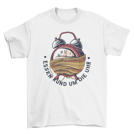 Spaghetticlock with quote in German "Food Round the Clock" T-shirt | Apparel | Under $100 | Kitchen + Metal