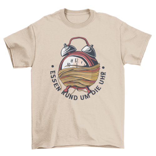 Spaghetticlock with quote in German "Food Round the Clock" T-shirt | Apparel | Under $100 | Kitchen + Metal