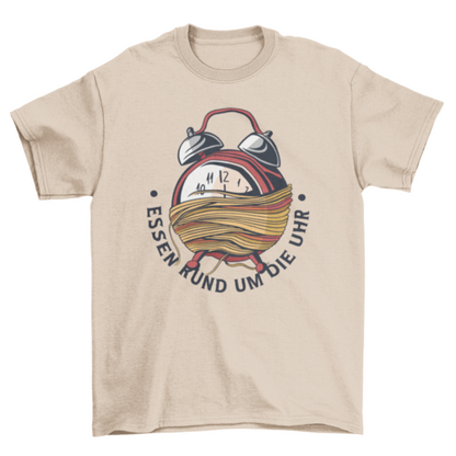 Spaghetticlock with quote in German "Food Round the Clock" T-shirt | Apparel | Under $100 | Kitchen + Metal
