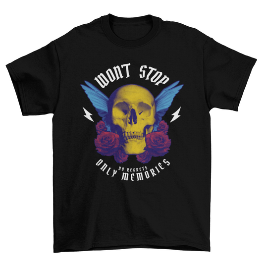 Cool Winged skull natural Flower roses quote "Won't stop. No regrets" | Binge T-shirt Shop