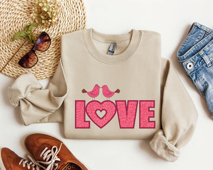Retro Pink Love Birds Sweatshirt, Vintage Valentine's Day Sweatshirt