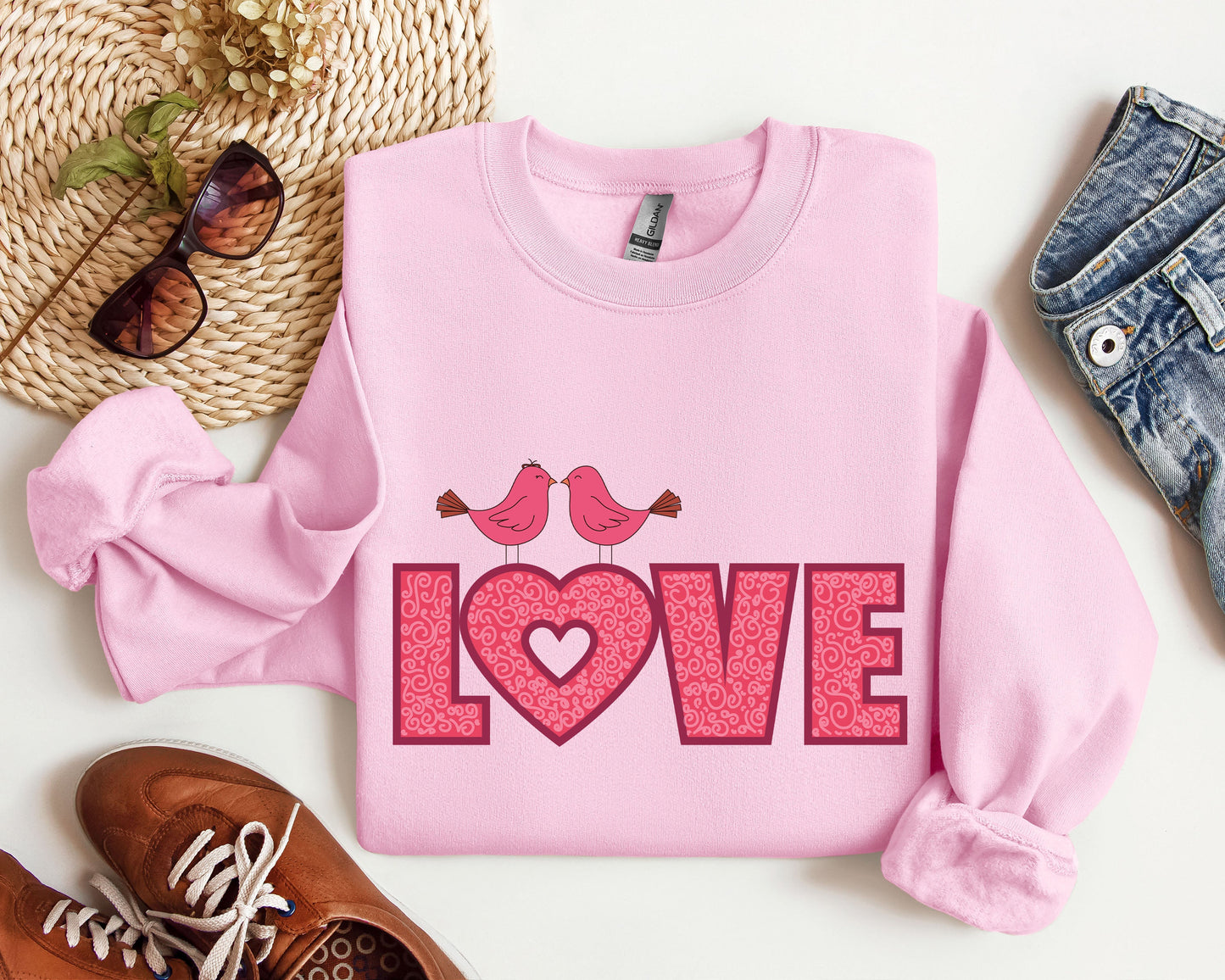 Retro Pink Love Birds Sweatshirt, Vintage Valentine's Day Sweatshirt