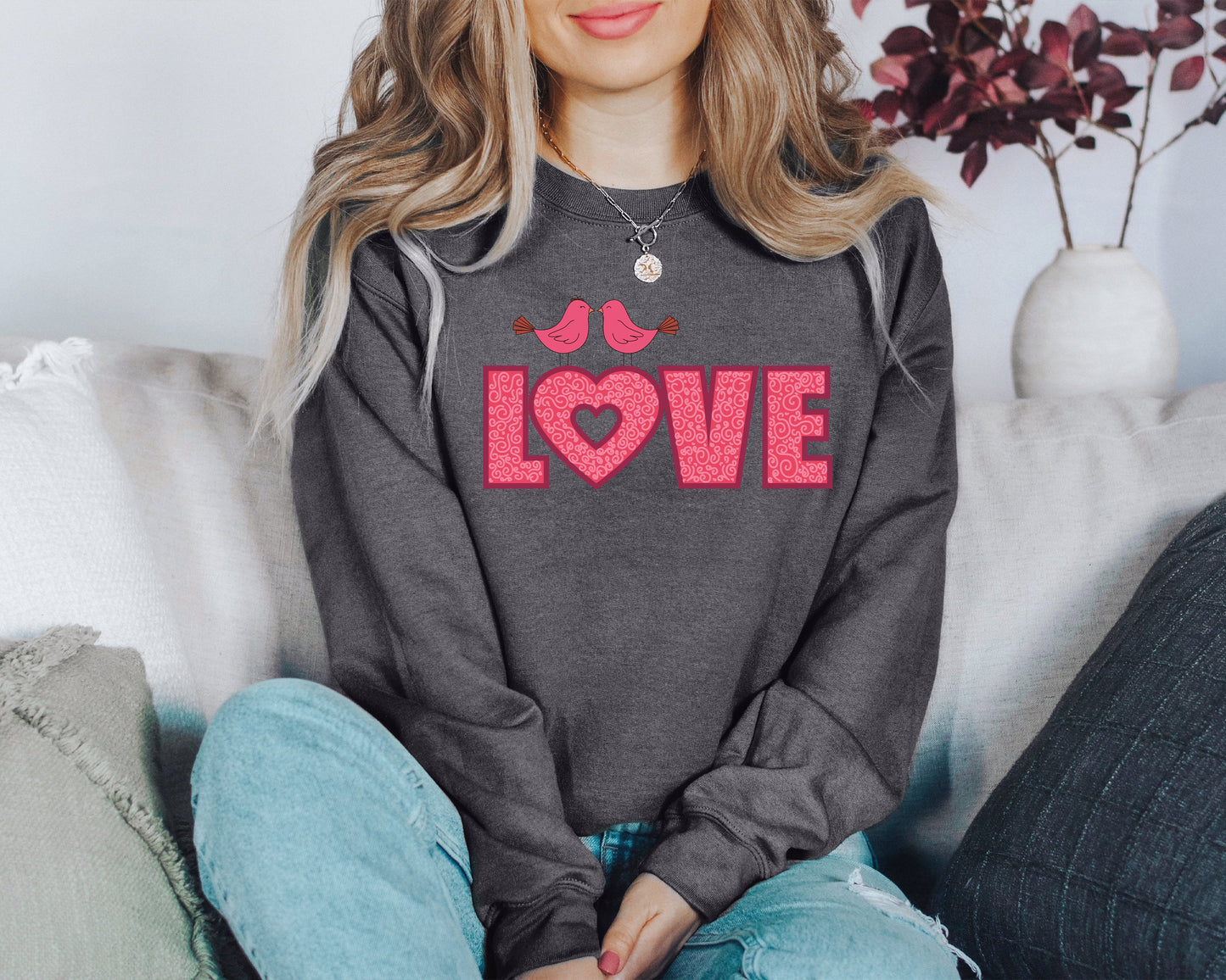 Retro Pink Love Birds Sweatshirt, Vintage Valentine's Day Sweatshirt