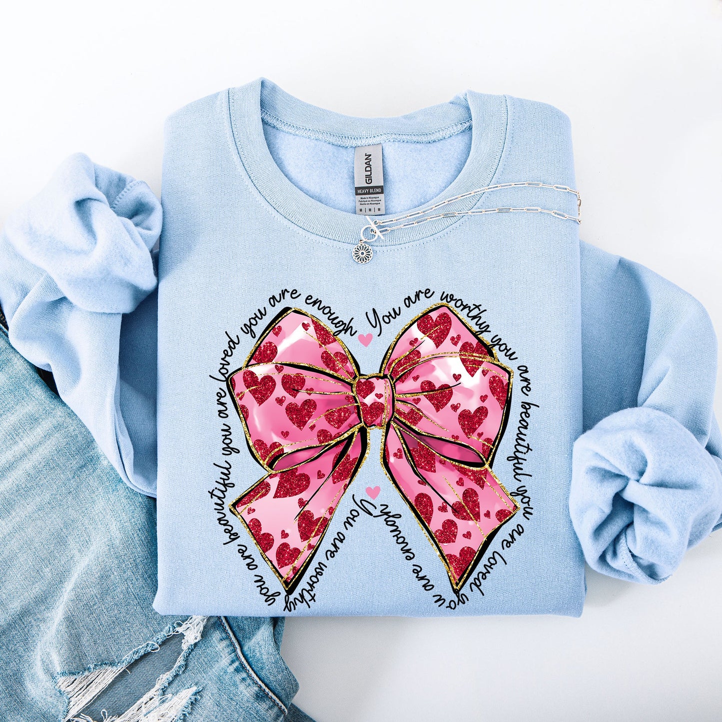 Valentine's Day Affirmations, Loved, Enough, Worthy, Positivity, Ribbon, Love, Heart Sweatshirt