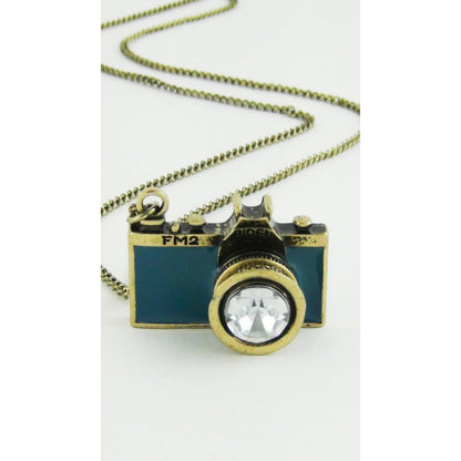 Vintage Camera Necklace in Teal | Antique Brass Long Chain
