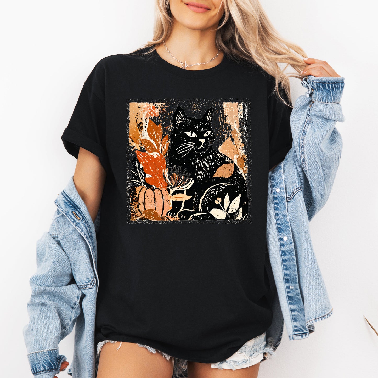 Vintage Black Cat, Halloween, Autumn, Fall, Pumpkin, Tshirt