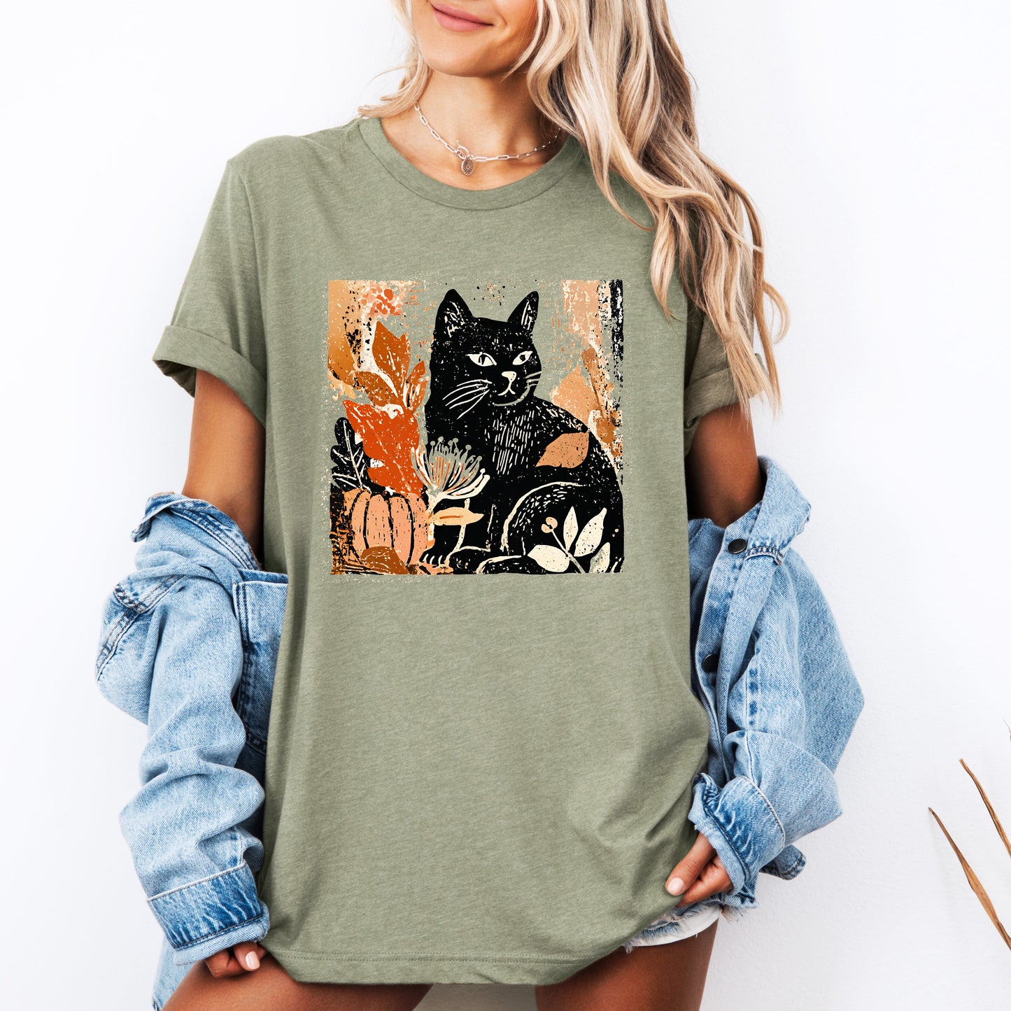 Vintage Black Cat, Halloween, Autumn, Fall, Pumpkin, Tshirt