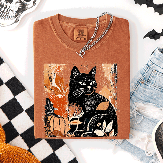 Vintage Black Cat, Halloween, Autumn, Fall, Pumpkin, Comfort Colors T-Shirt