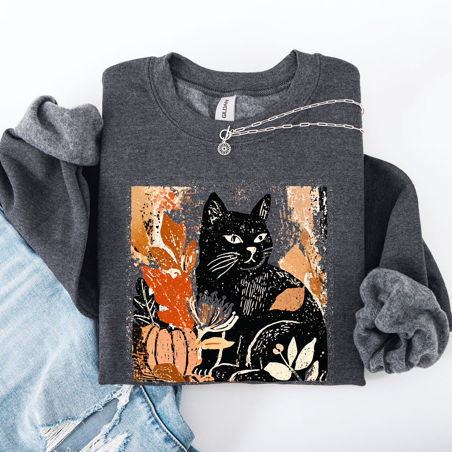 Vintage Black Cat, Halloween, Autumn, Fall, Pumpkin Sweatshirt