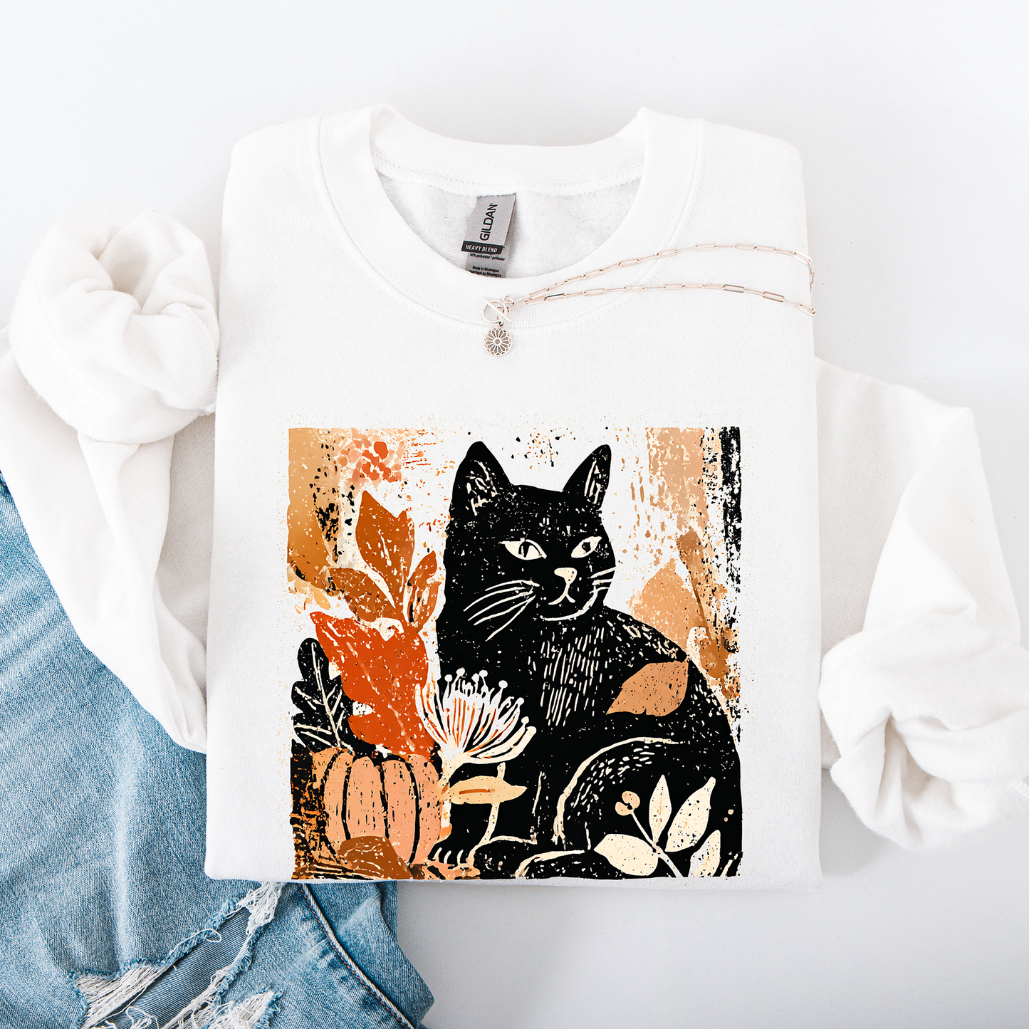 Vintage Black Cat, Halloween, Autumn, Fall, Pumpkin Sweatshirt