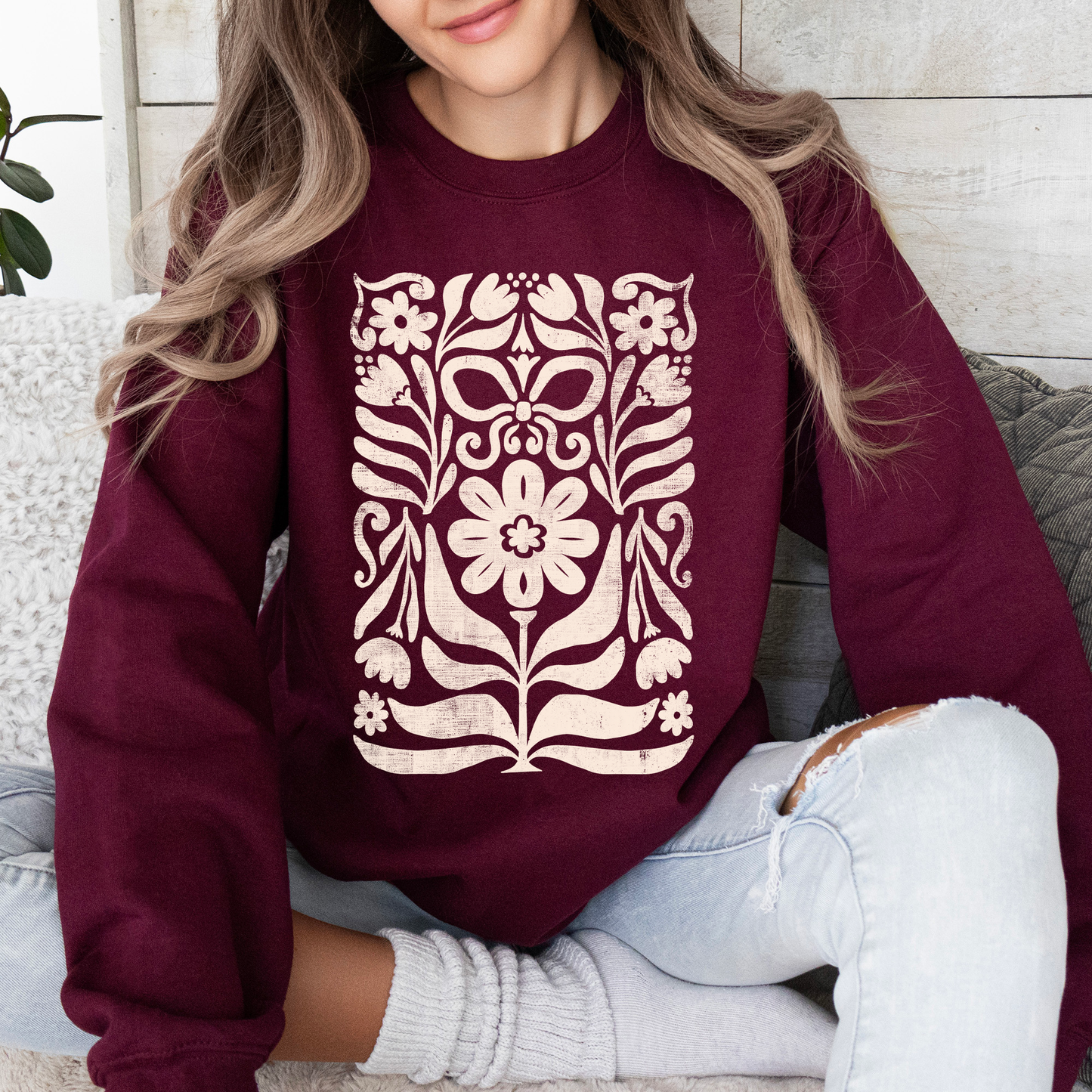 Vintage Folk Flower Pattern, Vintage Boho, Nature Sweatshirt