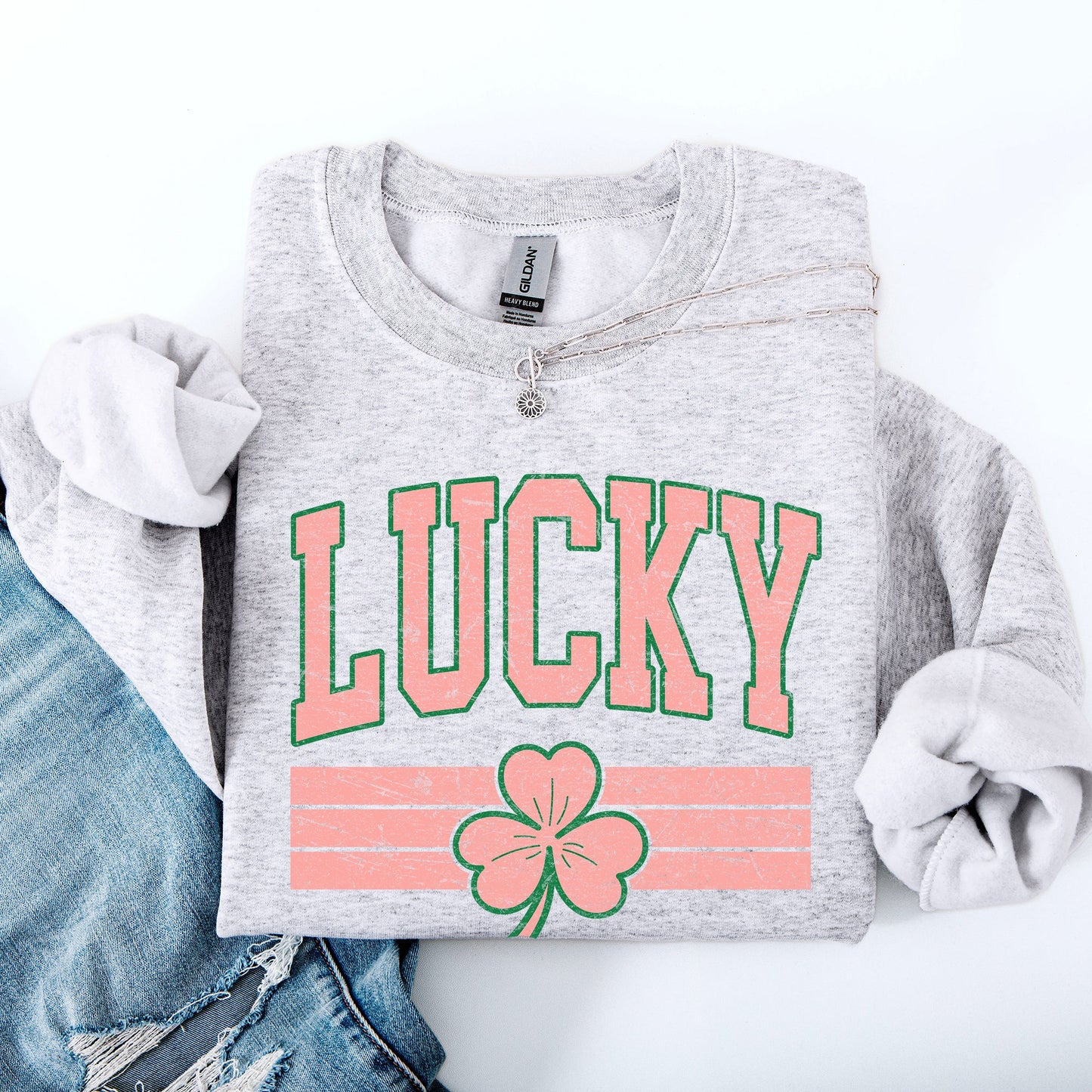 Vintage Lucky, Collegiate, Varsity, Stripes, St Patrick's Day, Shamrock, Clover, Lucky, Leprechaun Sweatshirt