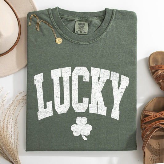 Vintage Lucky, Collegiate, Varsity, St Patrick's Day, Shamrock, Clover, Lucky, Leprechaun Tshirt Comfort Colors T-Shirt