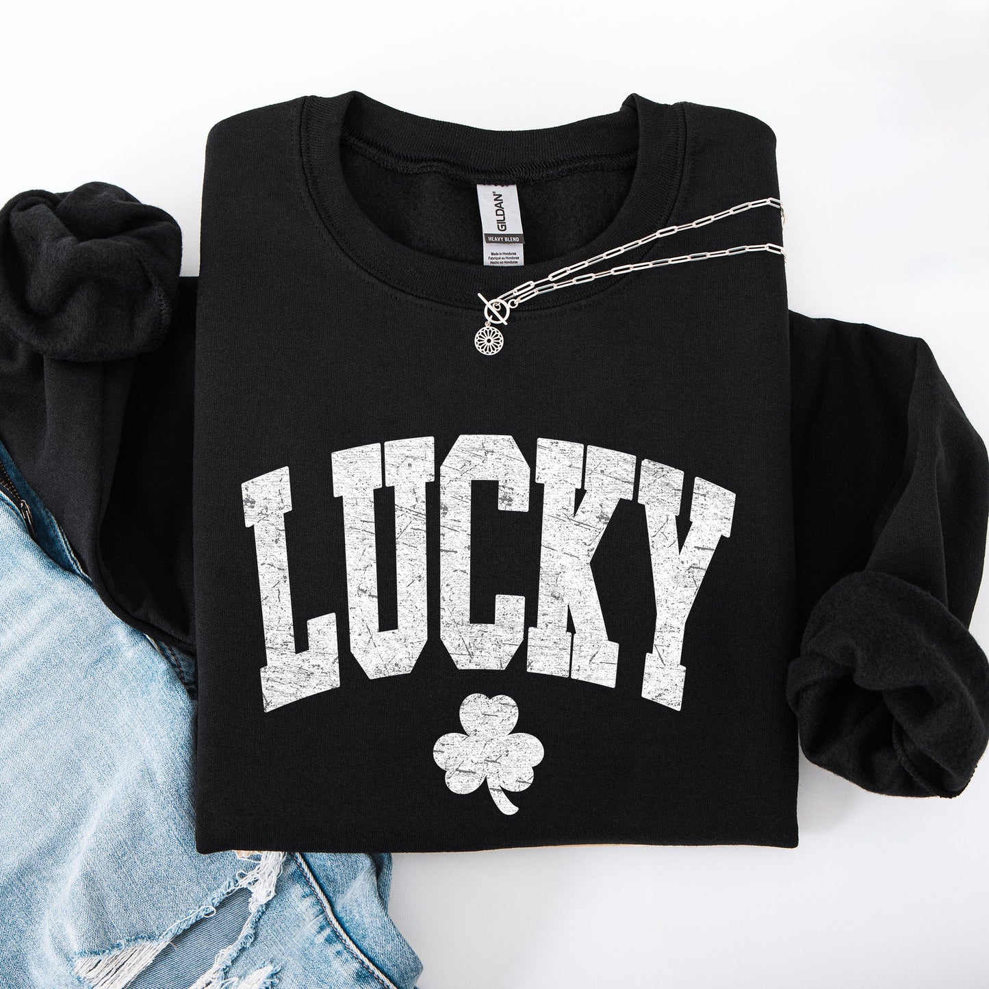 Vintage Lucky, Collegiate, Varsity, St Patrick's Day, Shamrock, Clover, Lucky, Leprechaun Sweatshirt