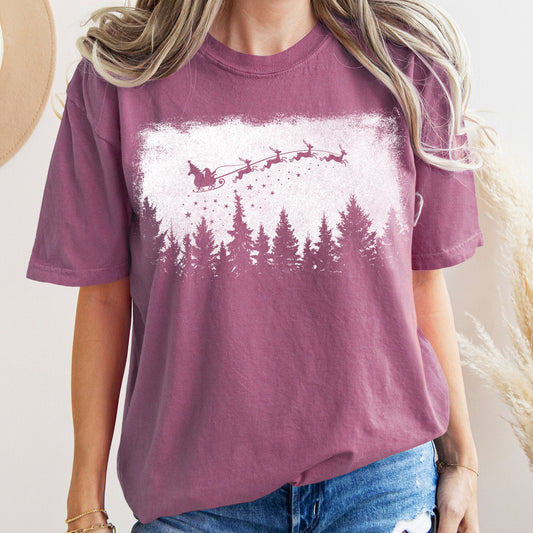 Vintage Pine Tree Christmas Silhouette, Santa, Reindeer, Sleigh, Comfort Colors Tshirt