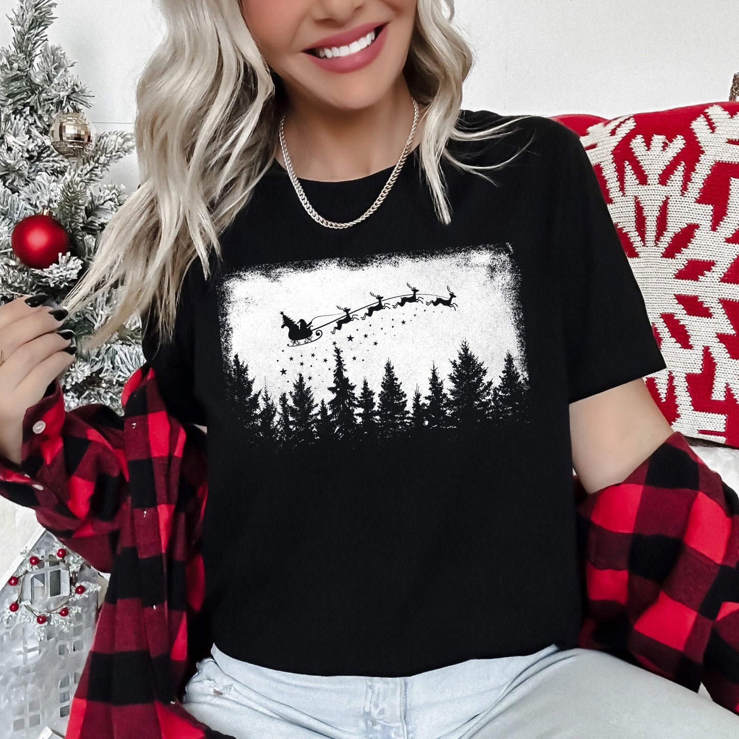 Vintage Pine Tree Christmas Silhouette, Santa, Reindeer, Sleigh Super Soft Tshirt