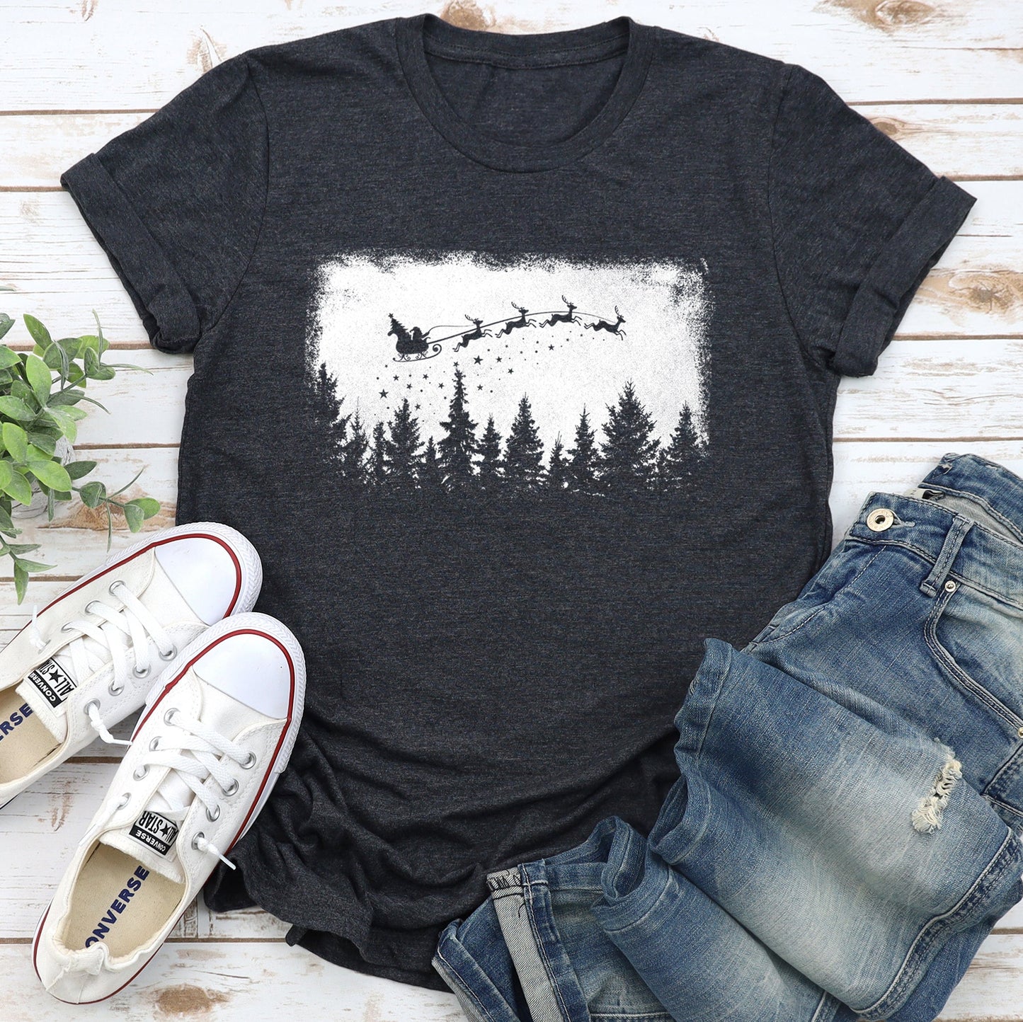 Vintage Pine Tree Christmas Silhouette, Santa, Reindeer, Sleigh Super Soft Tshirt
