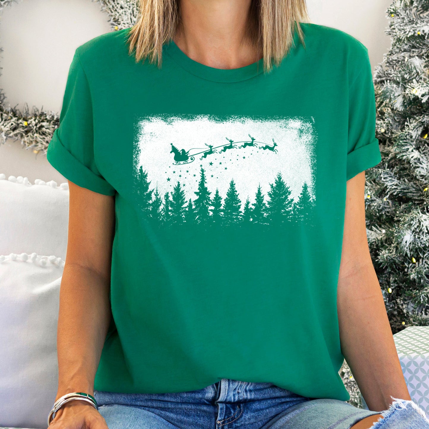 Vintage Pine Tree Christmas Silhouette, Santa, Reindeer, Sleigh Super Soft Tshirt