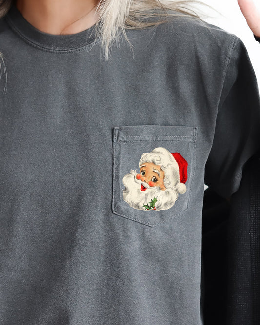 Vintage Santa, Pocket, Christmas, Winter, Snow, Xmas Pocket Tee Comfort Colors T-Shirt