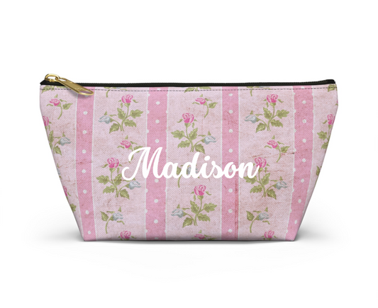 Customizable: Floral Accessory Pouch - Vintage Pink Floral Makeup Bag, Travel Organizer, Pencil Case, Gift for Her, Bridesmaid Gift