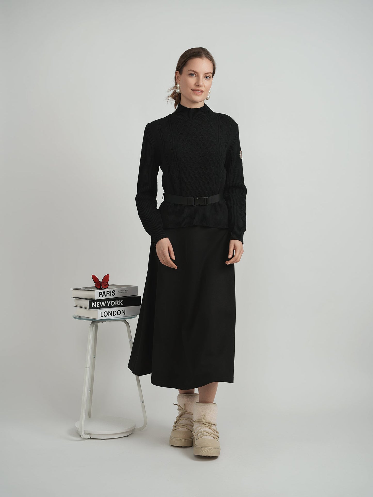 Cable knit Quilt Sweater With Belt