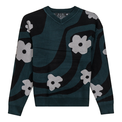 V Neck Floral Knit Sweater