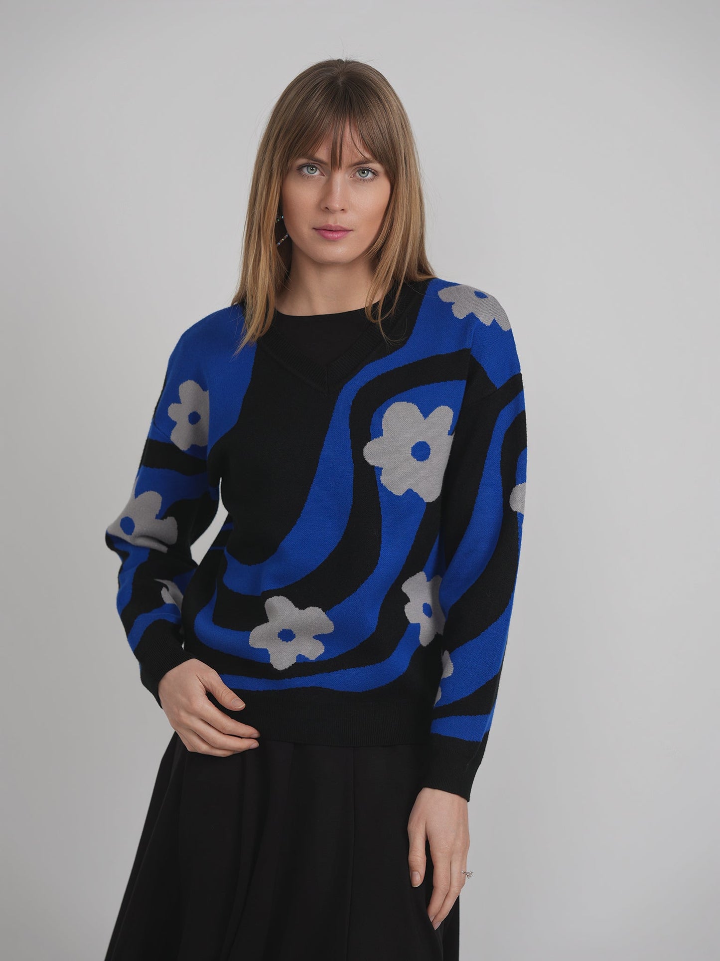 V Neck Floral Knit Sweater
