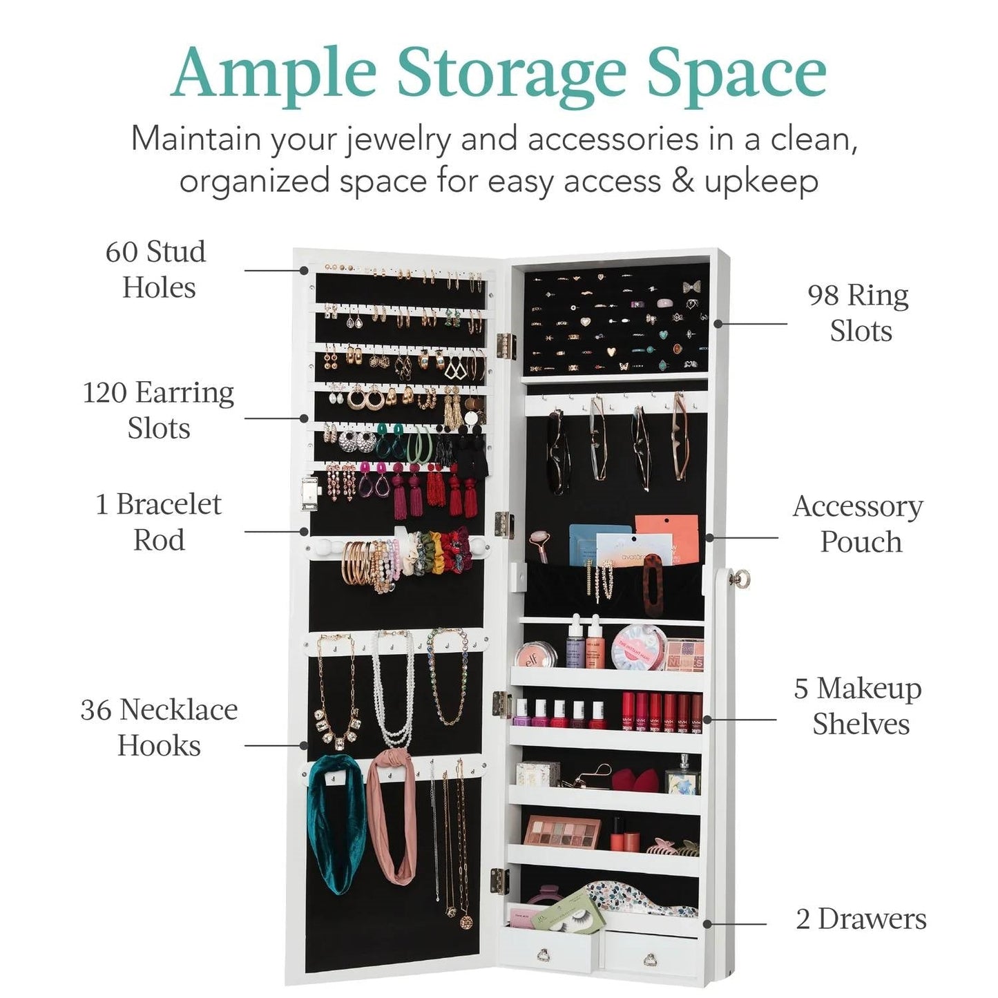 2-in-1 White Freestanding Mirror / Jewelry Organizer Armoire Cabinet