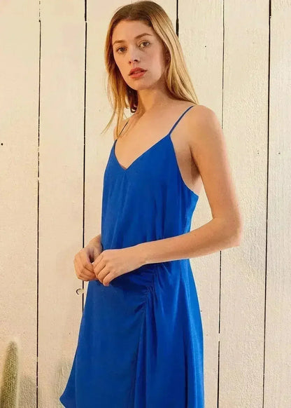 Solid Asymmetrical Hem V-neck Dress in Blue