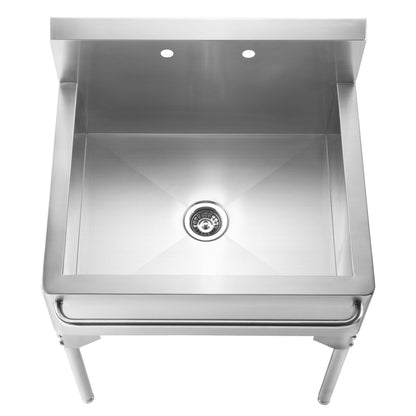 Pearlhaus Brushed Stainless Steel Single Bowl Commerical Freestanding Utility Sink with Towel Bar