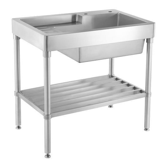 Pearlhaus Brushed Stainless Steel  Single Bowl, Freestanding Utility Sink with Drainboard and Lower Rack
