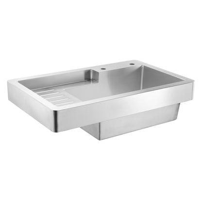 Pearlhaus Brushed Stainless Steel Single Bowl Drop in Utility Sink with Drainboard