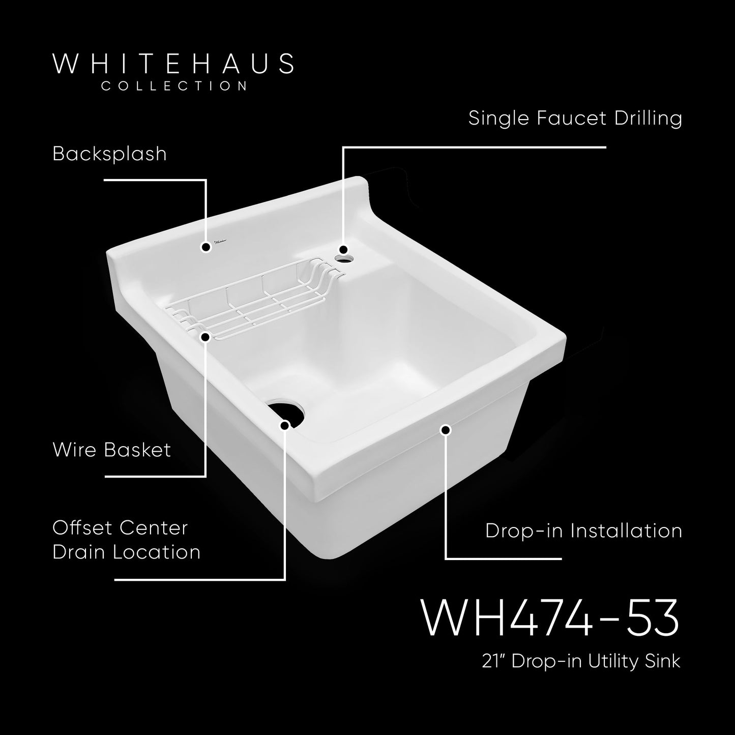 Vitreous China Single Bowl, Drop-in Sink with Wire Basket and 3 ½ Inch Off Center Drain