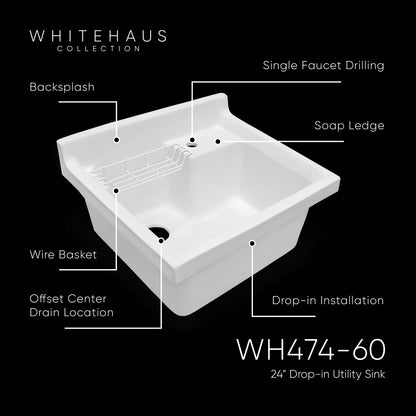 Vitreous China Single Bowl, Drop-in Sink with Wire Basket and 3 ½ Inch Off Center Drain