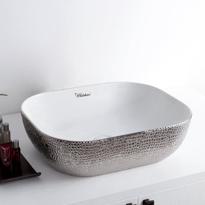 Isabella Plus Collection Rectangular Above Mount Basin with an Embossed Exterior, Smooth Interior, and Center Drain