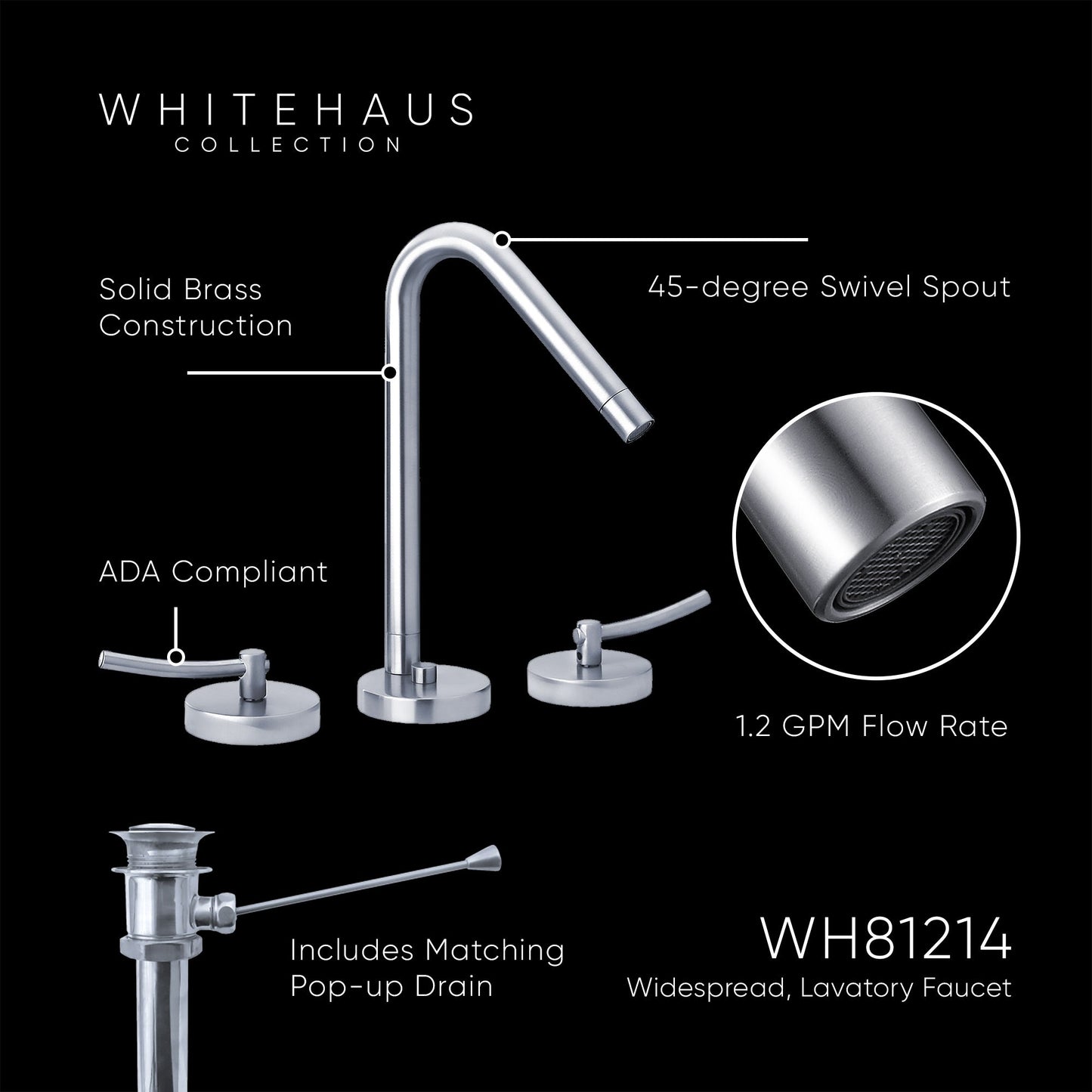 Metrohaus Lavatory Widespread Faucet with 45-Degree Swivel Spout, Pop-up Waste and  Lever Handles