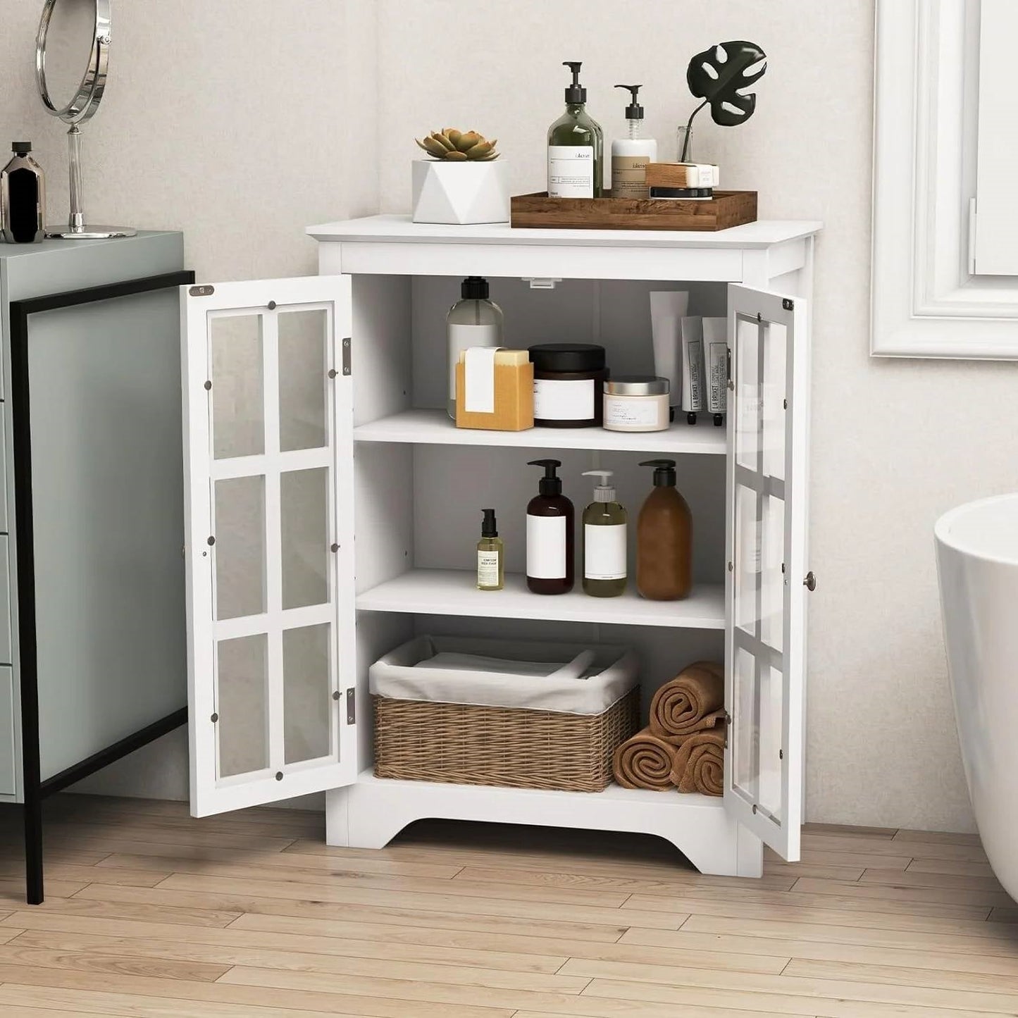 White Bathroom Storage Linen Cabinet with Adjustable Shelves and Glass Doors
