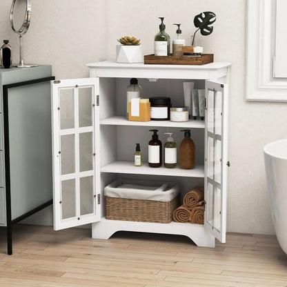 White Bathroom Storage Linen Cabinet with Adjustable Shelves and Glass Doors