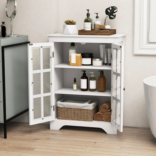 White Bathroom Storage Linen Cabinet with Adjustable Shelves and Glass Doors